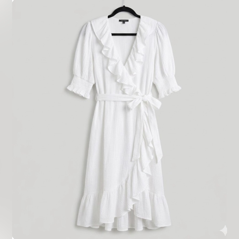 J. Crew White Ruffle Wrap Midi Dress